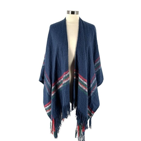 NWT Free People Wren Poncho Cape Blanket Wrap Blue Striped Fringed OSFM - Picture 6 of 12